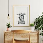 Mockup frame on work table in living room interior on empty whit