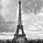 Eiffel,Tower,With,Flying,Umbrellas.,Black,And,White,With,Red